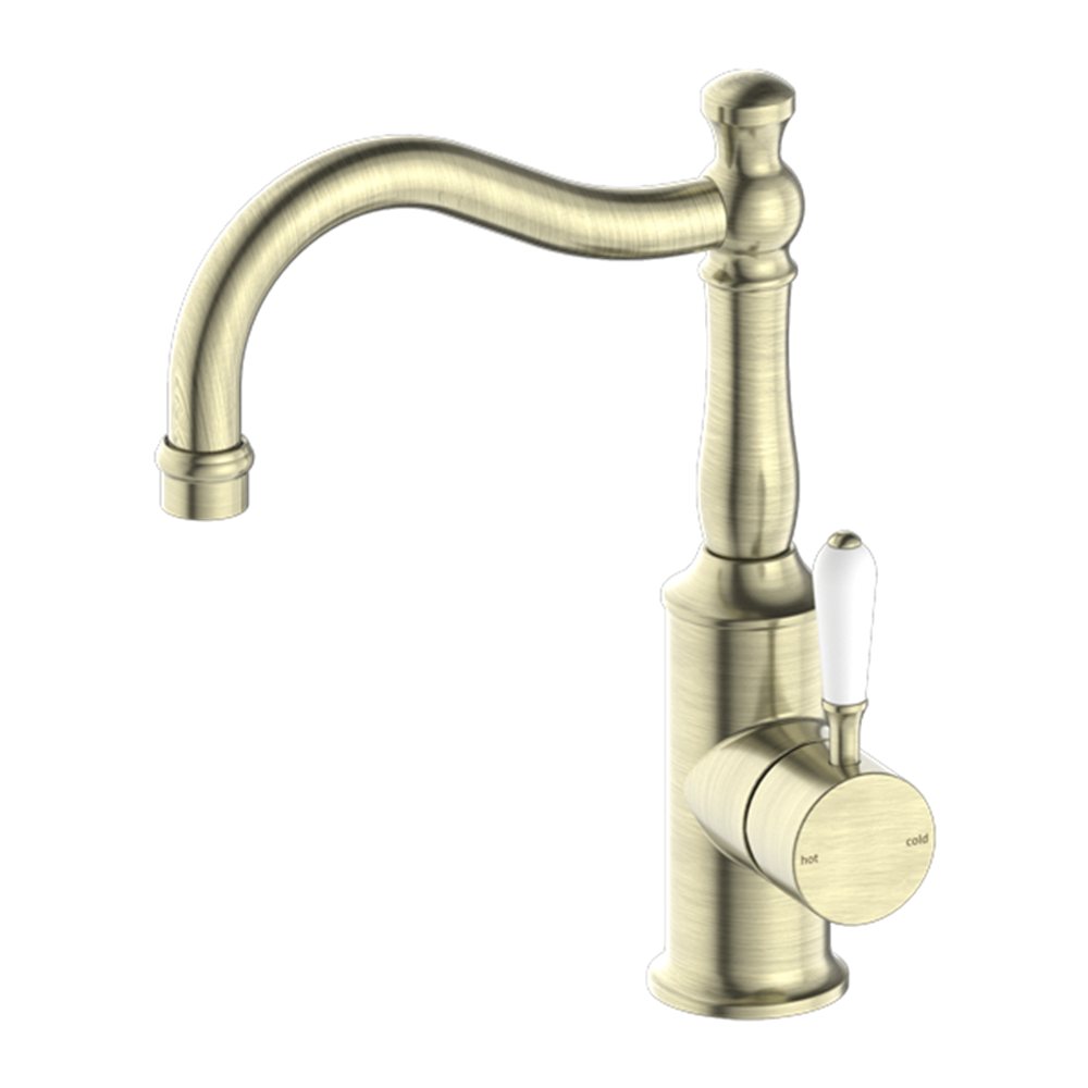 YORK BASIN MIXER HOOK SPOUT WITH WHITE PORCELAIN LEVER AGED BRASS (NR69210201AB)