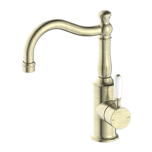YORK BASIN MIXER HOOK SPOUT WITH WHITE PORCELAIN LEVER AGED BRASS (NR69210201AB)
