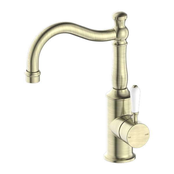 YORK BASIN MIXER HOOK SPOUT WITH WHITE PORCELAIN LEVER AGED BRASS (NR69210201AB)