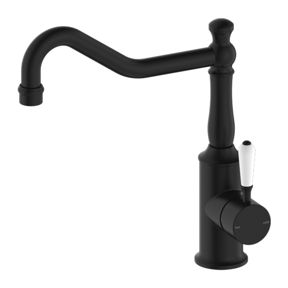 YORK KITCHEN MIXER HOOK SPOUT WITH WHITE PORCELAIN LEVER MATTE BLACK (NR69210701MB)