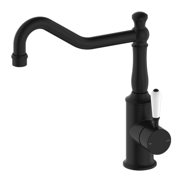 YORK KITCHEN MIXER HOOK SPOUT WITH WHITE PORCELAIN LEVER MATTE BLACK (NR69210701MB)
