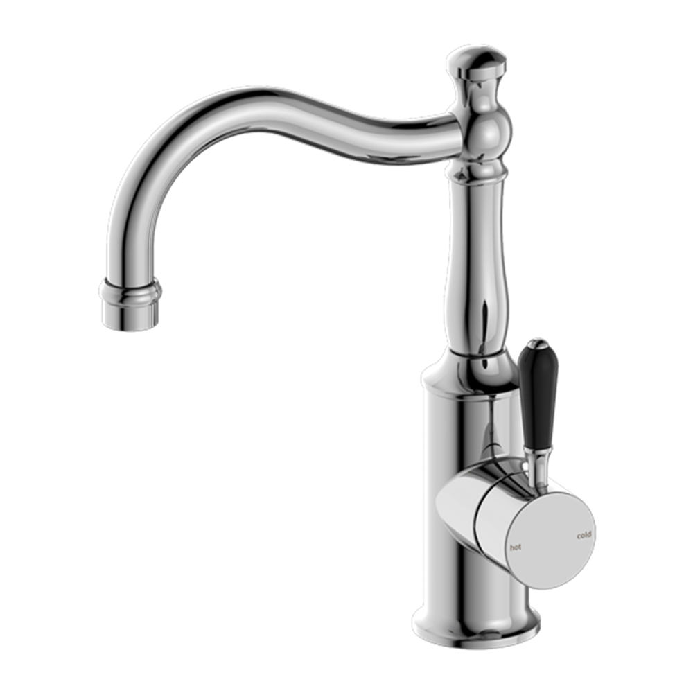 YORK BASIN MIXER HOOK SPOUT WITH BLACK PORCELAIN LEVER CHROME (NR69210203CH)