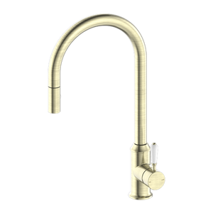 YORK PULL OUT SINK MIXER WITH VEGIE SPRAY FUNCTION WITH WHITE PORCELAIN LEVER AGED BRASS (NR69210801AB)
