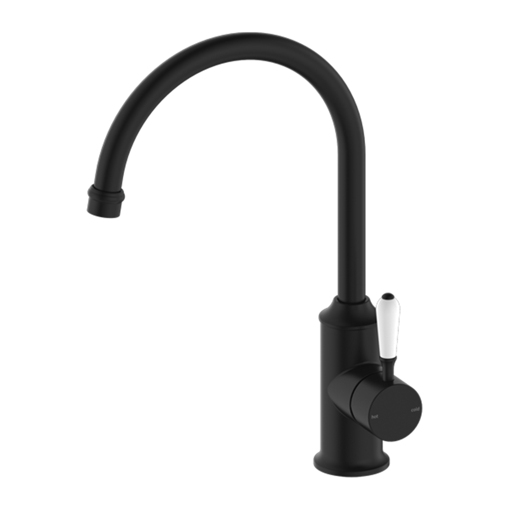 YORK KITCHEN MIXER GOOSENECK SPOUT WITH WHITE PORCELAIN LEVER MATTE BLACK (NR69210601MB)