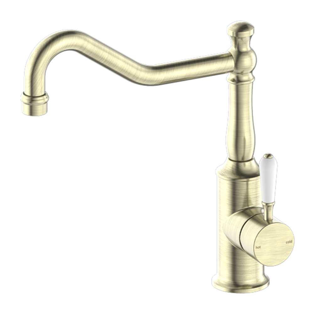 YORK KITCHEN MIXER HOOK SPOUT WITH WHITE PORCELAIN LEVER AGED BRASS (NR69210701AB)
