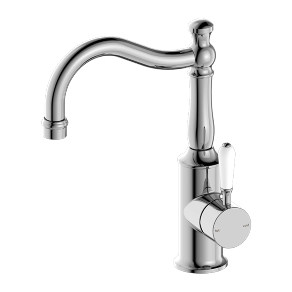 YORK BASIN MIXER HOOK SPOUT WITH WHITE PORCELAIN LEVER CHROME (NR69210201CH)