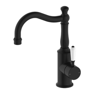 YORK BASIN MIXER HOOK SPOUT WITH WHITE PORCELAIN LEVER MATTE BLACK (NR69210201MB)