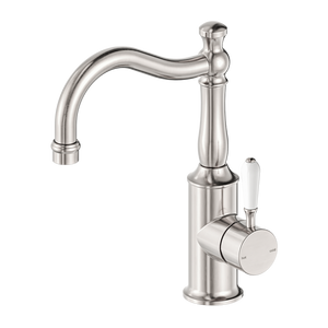 York Basin Mixer Hook Spout With White Porcelain Lever Brushed Nickel (NR69210201BN)