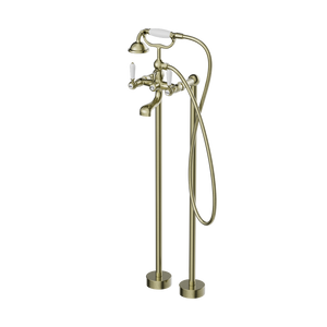 YORK FREESTANDING BATH SET WITH WHITE PORCELAIN HAND SHOWER AGED BRASS (NR692103a01AB)