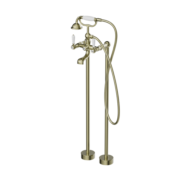 YORK FREESTANDING BATH SET WITH WHITE PORCELAIN HAND SHOWER AGED BRASS (NR692103a01AB)