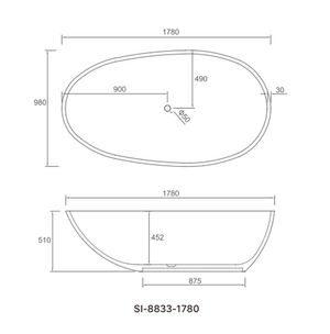 SI-8833G-1780 Delight Collection Solid Surface Freestanding Bathtub 1780mm x 980mm x 510mm (Height) - Gloss