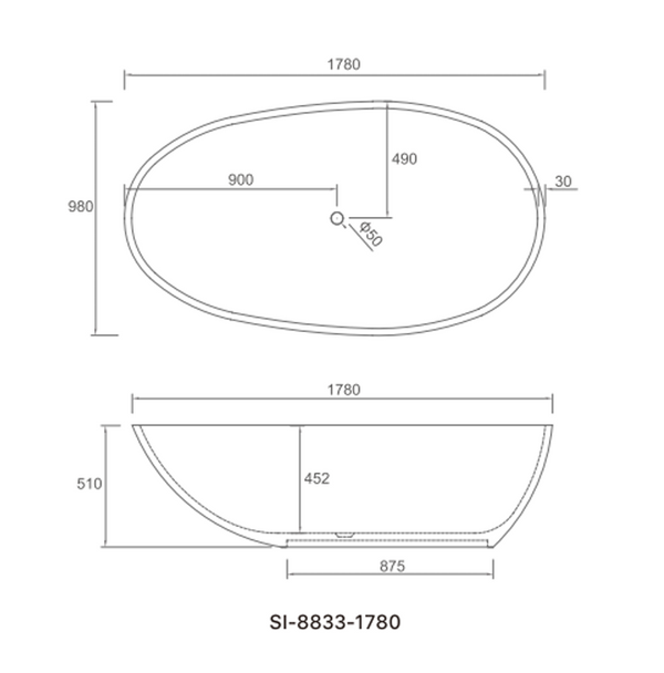 SI-8833-1780 Delight Collection Solid Surface Freestanding Bathtub 1780mm x 980mm x 510mm (Height) - Matt