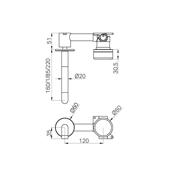 Serenity Progressive Wall Basin Mixer 160/185/220mm Spout With Rome Travertine Handle Gun Metal