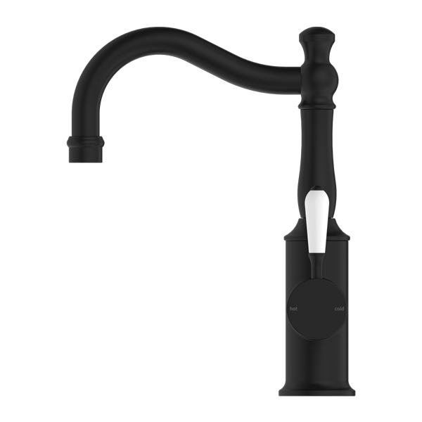 YORK BASIN MIXER HOOK SPOUT WITH WHITE PORCELAIN LEVER MATTE BLACK (NR69210201MB)