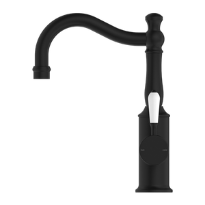 YORK BASIN MIXER HOOK SPOUT WITH WHITE PORCELAIN LEVER MATTE BLACK (NR69210201MB)