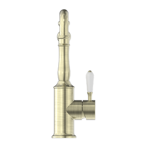 YORK KITCHEN MIXER HOOK SPOUT WITH WHITE PORCELAIN LEVER AGED BRASS (NR69210701AB)