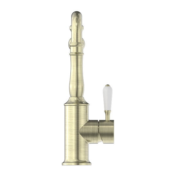 YORK KITCHEN MIXER HOOK SPOUT WITH WHITE PORCELAIN LEVER AGED BRASS (NR69210701AB)
