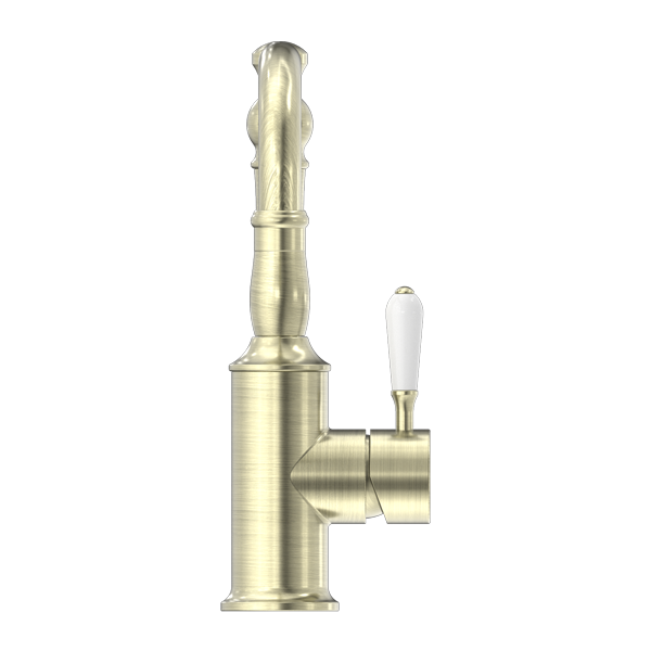 YORK BASIN MIXER HOOK SPOUT WITH WHITE PORCELAIN LEVER AGED BRASS (NR69210201AB)