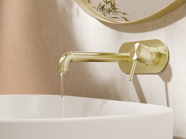 Zen SS316L Wall Basin/Bath Mixer 185/230mm Spout Brushed Gold