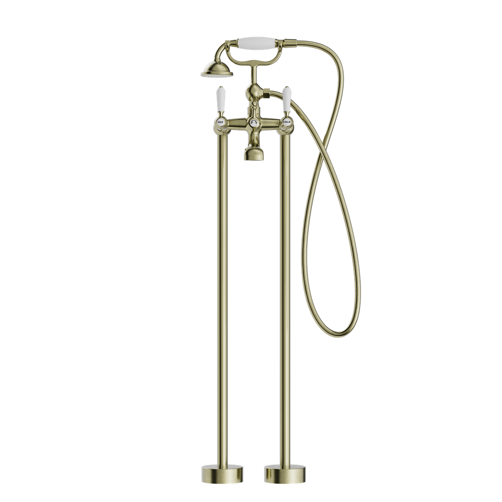 YORK FREESTANDING BATH SET WITH WHITE PORCELAIN HAND SHOWER AGED BRASS (NR692103a01AB)