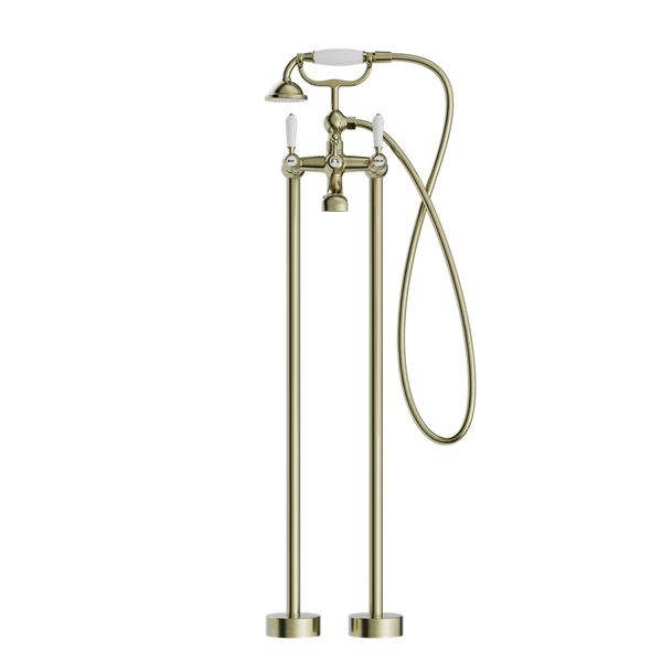 YORK FREESTANDING BATH SET WITH WHITE PORCELAIN HAND SHOWER AGED BRASS (NR692103a01AB)