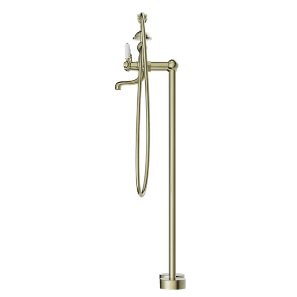 YORK FREESTANDING BATH SET WITH WHITE PORCELAIN HAND SHOWER AGED BRASS (NR692103a01AB)