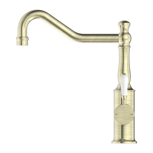 YORK KITCHEN MIXER HOOK SPOUT WITH WHITE PORCELAIN LEVER AGED BRASS (NR69210701AB)