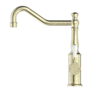 YORK KITCHEN MIXER HOOK SPOUT WITH WHITE PORCELAIN LEVER AGED BRASS (NR69210701AB)