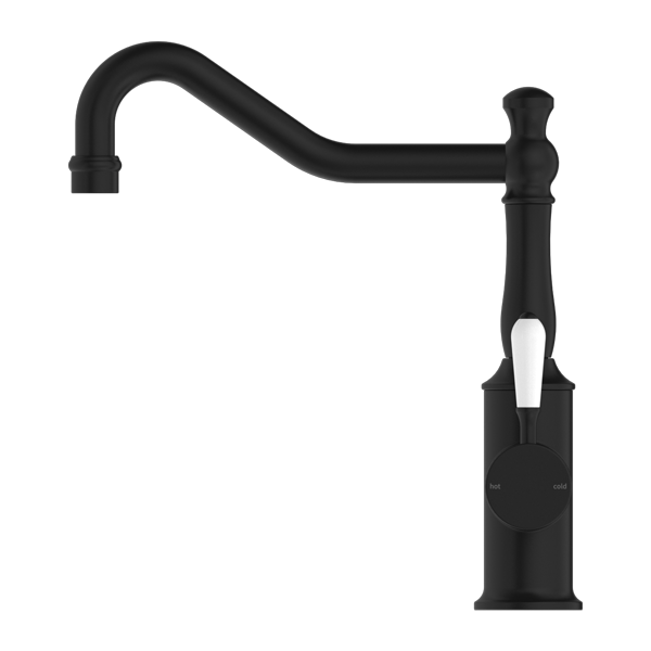YORK KITCHEN MIXER HOOK SPOUT WITH WHITE PORCELAIN LEVER MATTE BLACK (NR69210701MB)