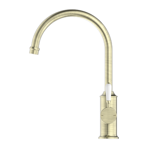 YORK KITCHEN MIXER GOOSENECK SPOUT WITH WHITE PORCELAIN LEVER AGED BRASS (NR69210601AB)