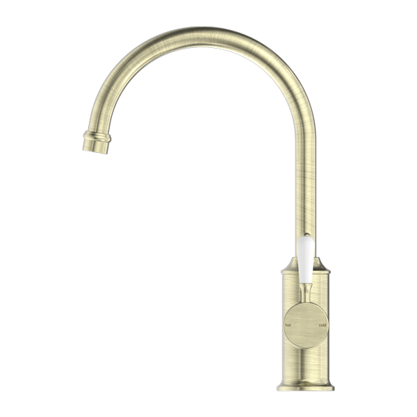 YORK KITCHEN MIXER GOOSENECK SPOUT WITH WHITE PORCELAIN LEVER AGED BRASS (NR69210601AB)