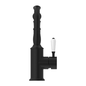 YORK BASIN MIXER HOOK SPOUT WITH WHITE PORCELAIN LEVER MATTE BLACK (NR69210201MB)