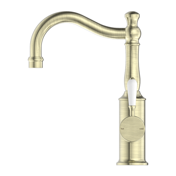 YORK BASIN MIXER HOOK SPOUT WITH WHITE PORCELAIN LEVER AGED BRASS (NR69210201AB)