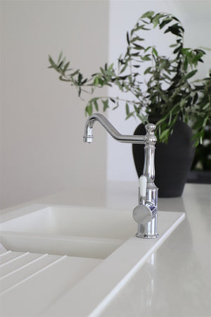 YORK KITCHEN MIXER HOOK SPOUT WITH WHITE PORCELAIN LEVER CHROME (NR69210701CH)