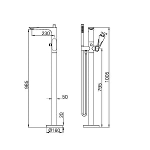 BIANCA FREESTANDING BATH MIXER WITH HAND SHOWER BRUSHED NICKEL (NR321503aBN)