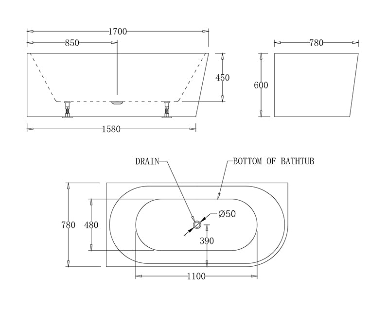 BTM1700L Milan LEFT CORNER BATHTUB 1700x780x600MM