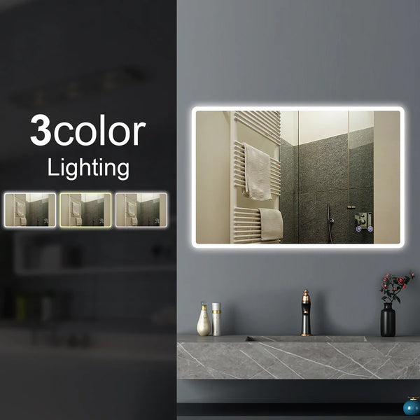 T-YB1280 1200X800MM CURVED RIM RECTANGLE 3 COLOR LIGHTING LED MIRROR TOUCH SENSOR SWITCH DEFOGGER PAD WALL MOUNTED VERTICAL OR HORIZONTAL