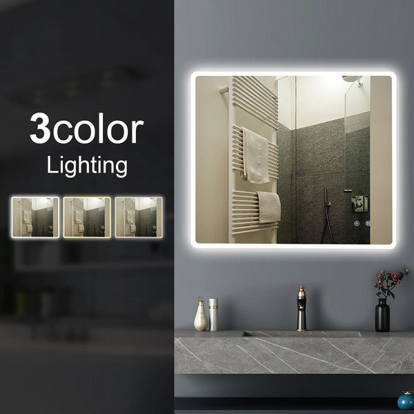 T-YB9075 900X750MM CURVED RIM RECTANGLE 3 COLOR LIGHTING LED MIRROR TOUCH SENSOR SWITCH DEFOGGER PAD WALL MOUNTED VERTICAL OR HORIZONTAL