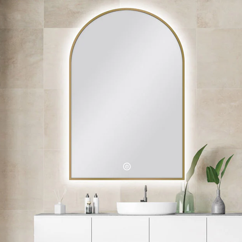 MS-AR6090B-G 600 X 900 MM ARCHED SHAPE GOLD FRAMED CARYSIL LED MIRROR