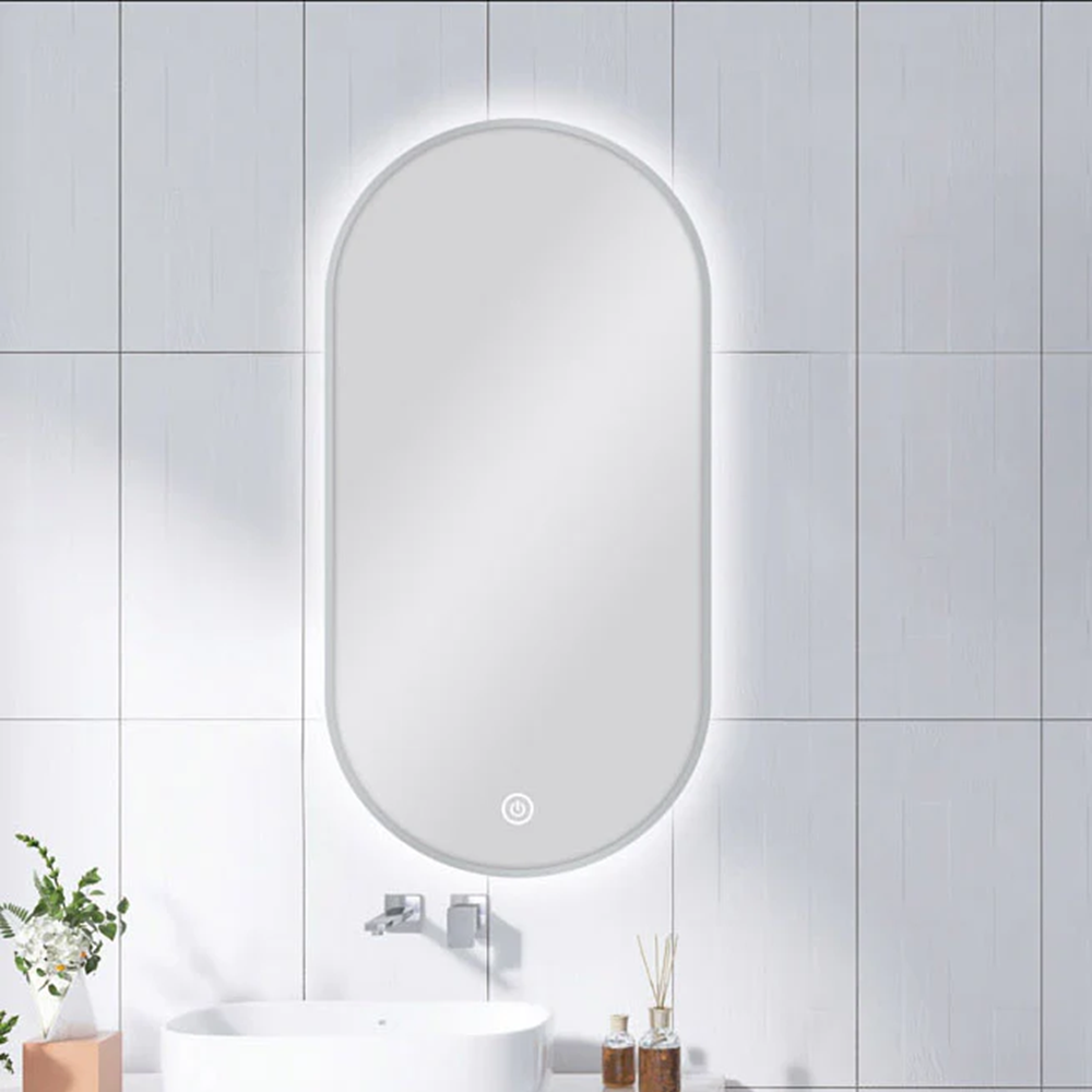 MS-RW4590B-GU 450 X 900MM PILL SHAPE GUN METAL FRAMED CARYSIL LED MIRROR