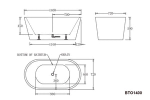 BTO1400 Oslo FREESTANDING BATHTUB 1400x720x590MM