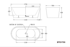 BTO1700 Oslo FREESTANDING BATHTUB 1700x800x600MM