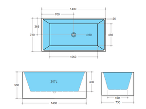 THBT1400-NF Multifit Bathtub NON Overflow 1400*730*580mm