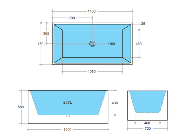 THBT1400-NF Multifit Bathtub NON Overflow 1400*730*580mm