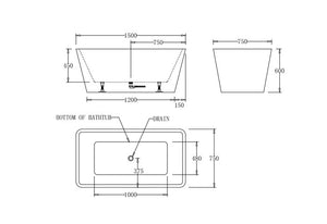 BTT1500 Turin FREESTANDING BATHTUB 1500x750x600MM