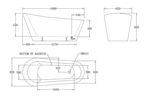 BTV1800 Venice FREESTANDING BATHTUB 1800x820x800MM