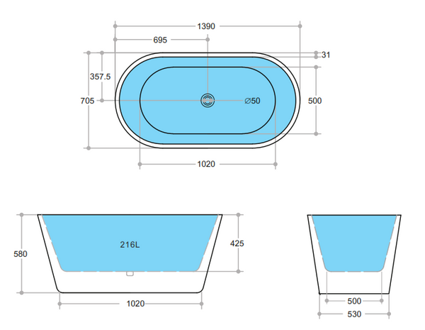 Ovia OBT1400 Free Standing Bathtub Non Oveflow 1390*705*580mm