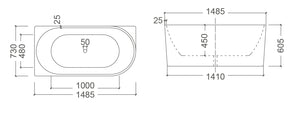 BT 258LS BONDI 1485mm Left Hand Back to Wall Free Standing Bath Tub 1485x730x605mm