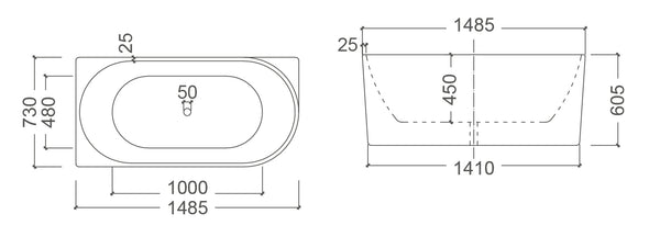 BT 258LS BONDI 1485mm Left Hand Back to Wall Free Standing Bath Tub 1485x730x605mm