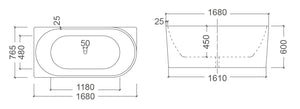 BT 258L BONDI 1680mm Left Hand Back to Wall Free Standing Bath Tub 1680x765x600mm